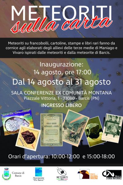 Foto1: Manifesto della mostra “Meteoriti sulla carta” (Barcis, agosto 2019). Foto arch. Meteoriti Italia